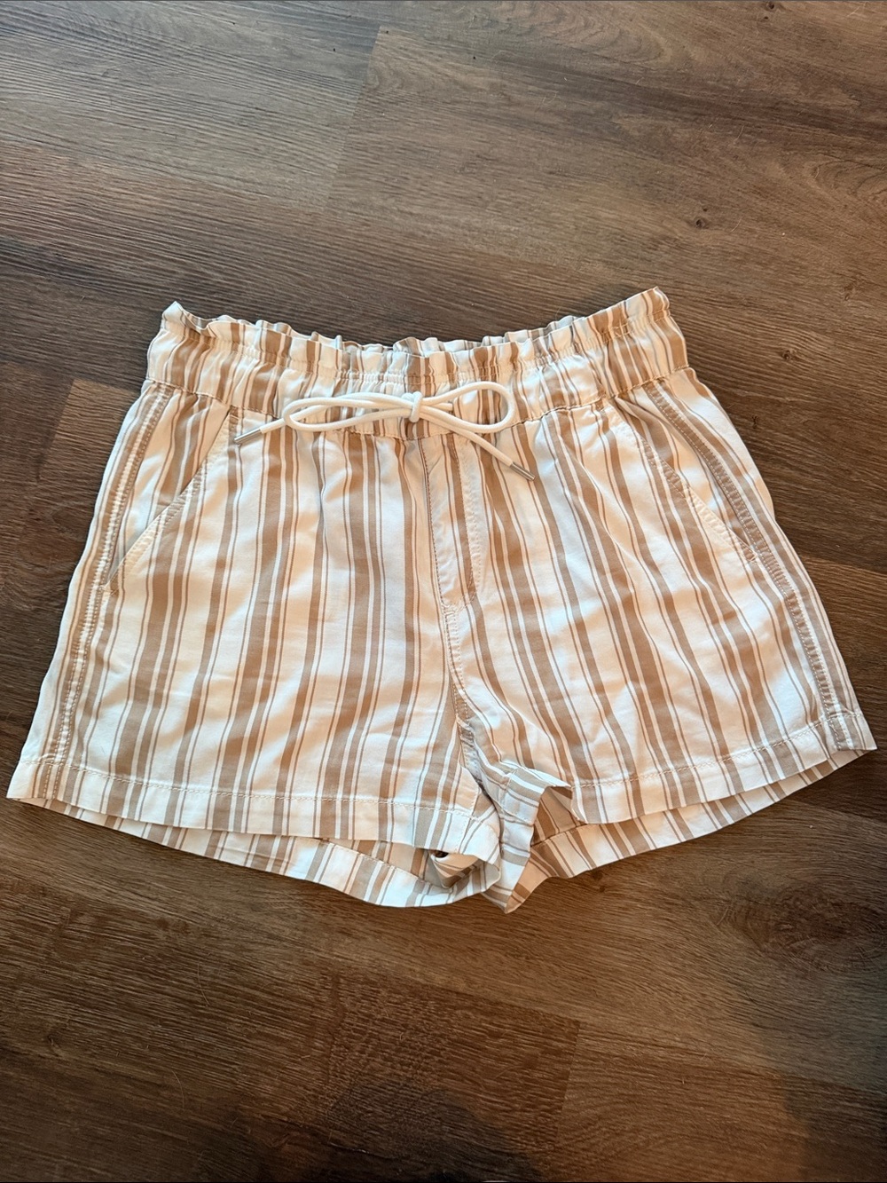 LOFT Cream and White Striped High Waist Drawstring Shorts